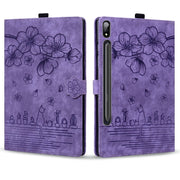 For Samsung Galaxy Tab S9+ /S8+ /S7+ Cartoon Sakura Cat Embossed Smart Leather Tablet Case(Purple)