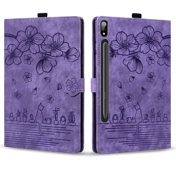 For Samsung Galaxy Tab S9+ /S8+ /S7+ Cartoon Sakura Cat Embossed Smart Leather Tablet Case(Purple)