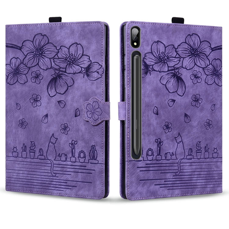 For Samsung Galaxy Tab S9+ /S8+ /S7+ Cartoon Sakura Cat Embossed Smart Leather Tablet Case(Purple)