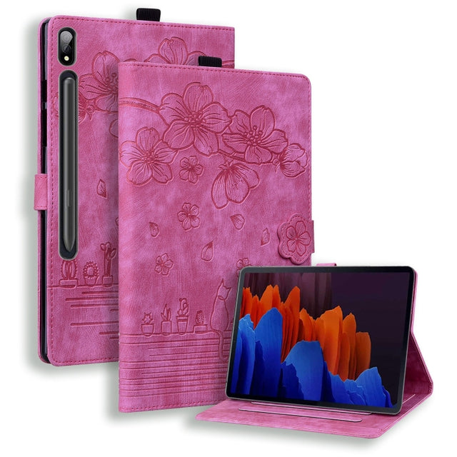 For Samsung Galaxy Tab S9 /S8 /S7 Cartoon Sakura Cat Embossed Smart Leather Tablet Case(Rose Red)