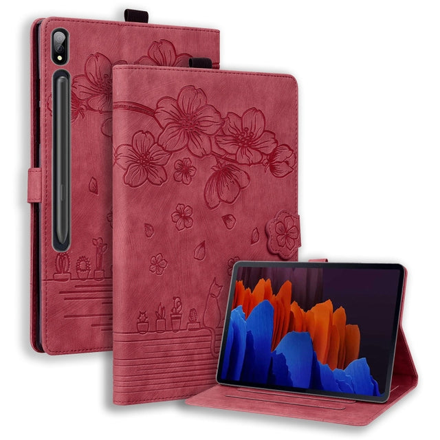 For Samsung Galaxy Tab S9 /S8 /S7 Cartoon Sakura Cat Embossed Smart Leather Tablet Case(Red)