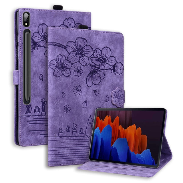 For Samsung Galaxy Tab S11 / S10 / S9 Cartoon Sakura Cat Embossed Smart Leather Tablet Case(Purple)
