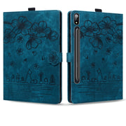For Samsung Galaxy Tab S9 /S8 /S7 Cartoon Sakura Cat Embossed Smart Leather Tablet Case(Blue)