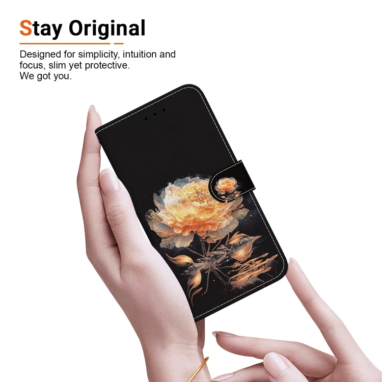For iPhone 16e Crystal Texture Colored Drawing Leather Phone Case(Gold Peony)