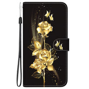 For iPhone 16e Crystal Texture Colored Drawing Leather Phone Case(Gold Butterfly Rose)