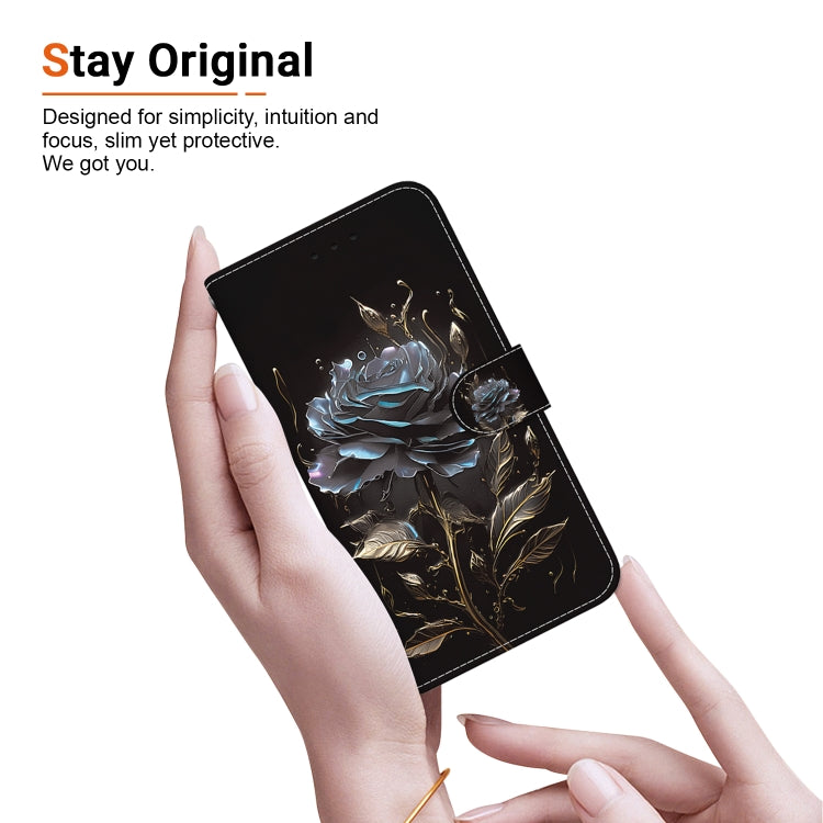 For iPhone 16e Crystal Texture Colored Drawing Leather Phone Case(Black Rose)