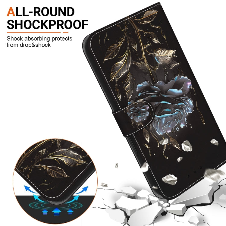 For iPhone 16e Crystal Texture Colored Drawing Leather Phone Case(Black Rose)