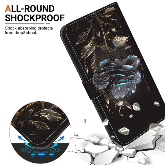 For iPhone 16e Crystal Texture Colored Drawing Leather Phone Case(Black Rose)