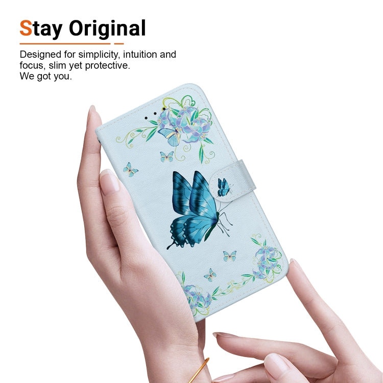 For iPhone 16e Crystal Texture Colored Drawing Leather Phone Case(Blue Pansies)