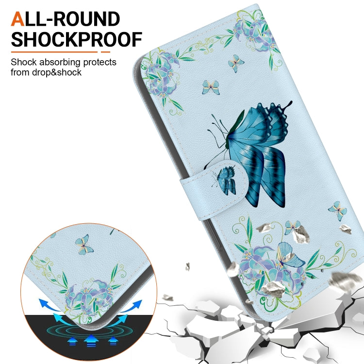 For iPhone 16e Crystal Texture Colored Drawing Leather Phone Case(Blue Pansies)