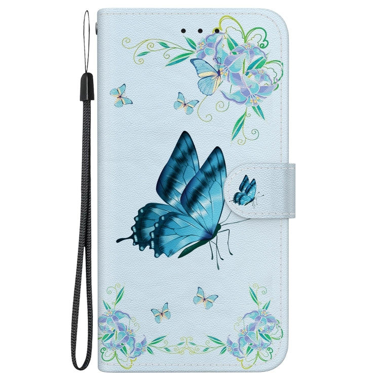 For iPhone 16 Crystal Texture Colored Drawing Leather Phone Case(Blue Pansies)