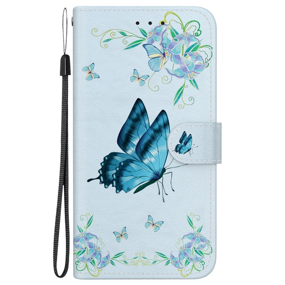 For iPhone 16 Crystal Texture Colored Drawing Leather Phone Case(Blue Pansies)