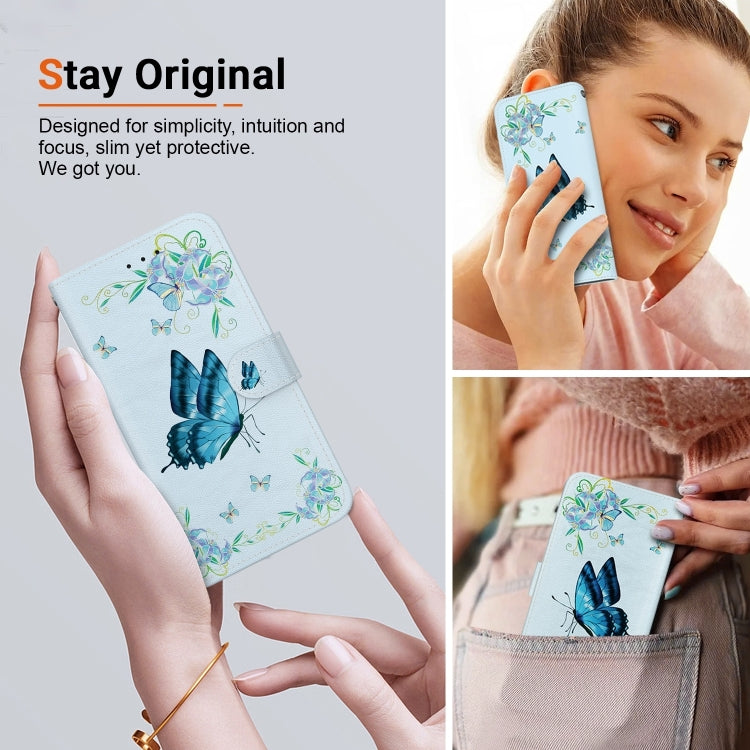 For iPhone 16 Crystal Texture Colored Drawing Leather Phone Case(Blue Pansies)