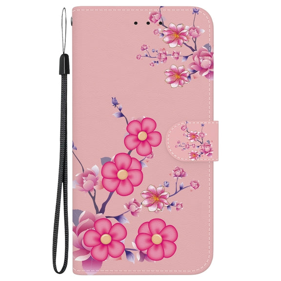 For iPhone 16 Plus Crystal Texture Colored Drawing Leather Phone Case(Cherry Blossoms)