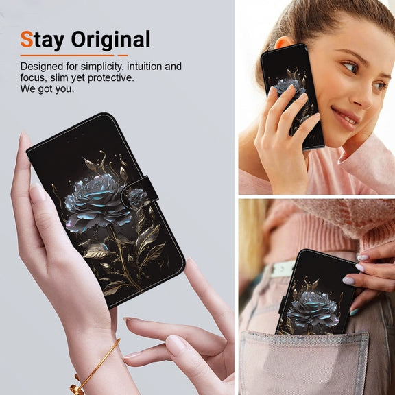 For iPhone 16 Pro Crystal Texture Colored Drawing Leather Phone Case(Black Rose)