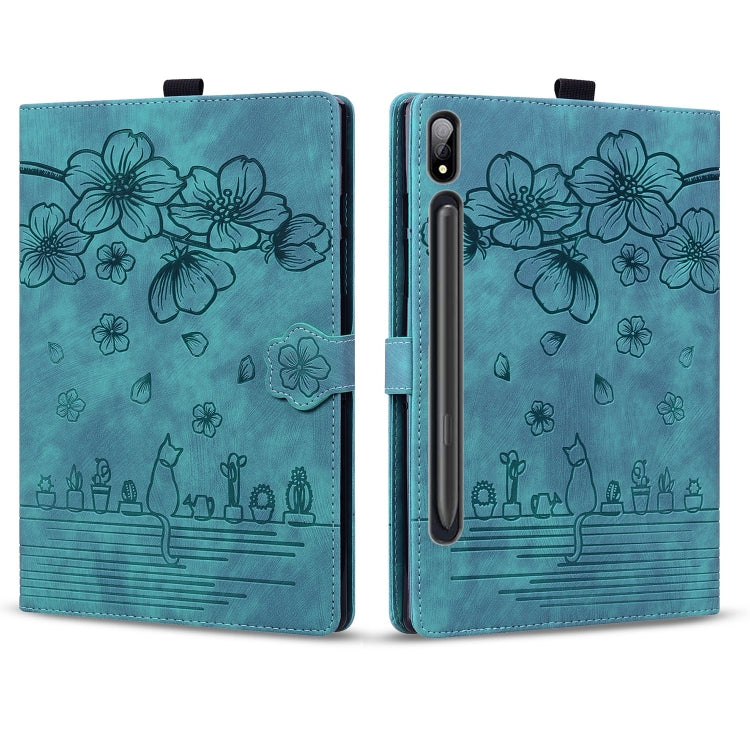 For Samsung Galaxy Tab S9 Ultra /S8 Ultra Cartoon Sakura Cat Embossed Leather Tablet Case(Green)