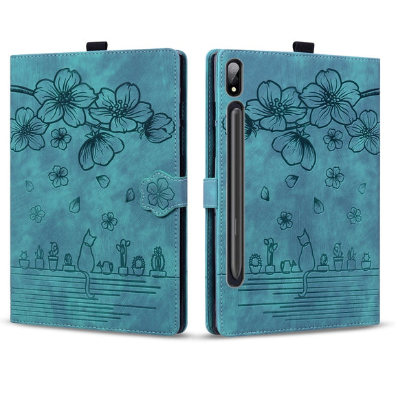 For Samsung Galaxy Tab S9 Ultra /S8 Ultra Cartoon Sakura Cat Embossed Leather Tablet Case(Green)