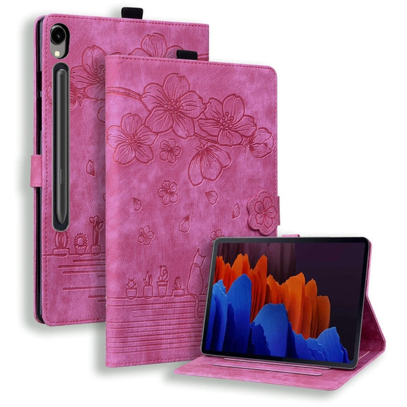 For Samsung Galaxy Tab S9 FE Cartoon Sakura Cat Embossed Leather Tablet Case(Rose Red)