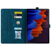 For Samsung Galaxy Tab S9 FE Cartoon Sakura Cat Embossed Leather Tablet Case(Blue)