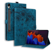 For Samsung Galaxy Tab S9 FE+ Cartoon Sakura Cat Embossed Leather Tablet Case(Blue)