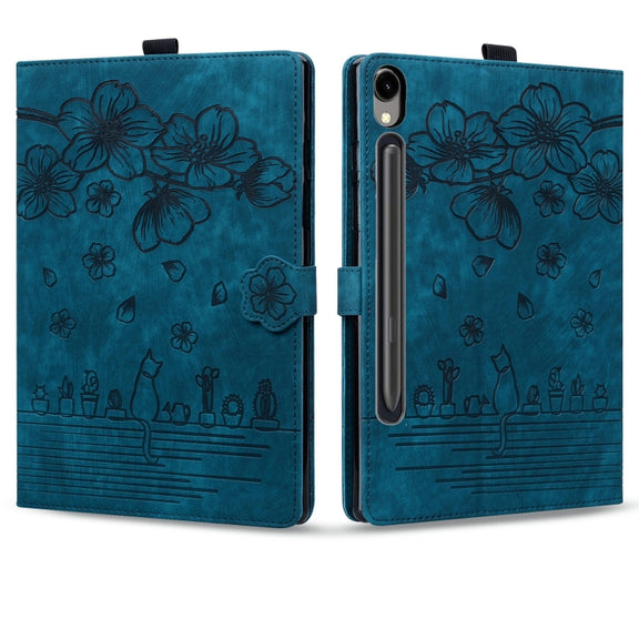 For Samsung Galaxy Tab S9 FE+ Cartoon Sakura Cat Embossed Leather Tablet Case(Blue)