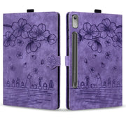 For Lenovo Tab P12 12.7 Cartoon Sakura Cat Embossed Leather Tablet Case(Purple)