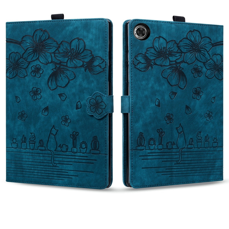 For Lenovo Tab M10 Plus 3rd Gen 2022 Cartoon Sakura Cat Embossed Leather Tablet Case(Blue)