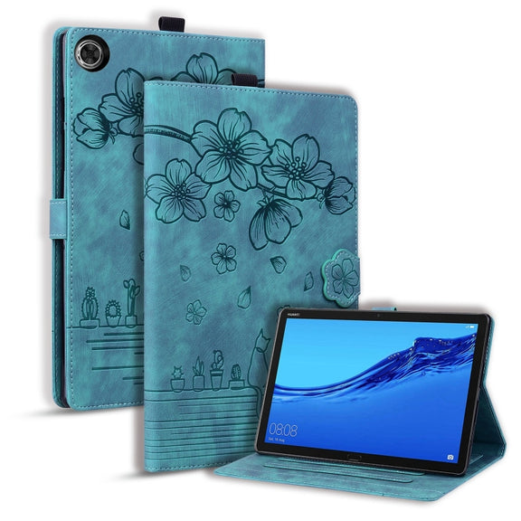 For Lenovo Tab M10 3rd Gen Cartoon Sakura Cat Embossed Leather Tablet Case(Green)