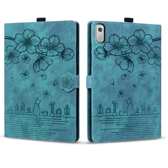 For Lenovo Tab M9 Cartoon Sakura Cat Embossed Leather Tablet Case(Green)