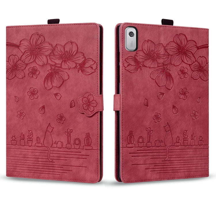 For Lenovo Tab M9 Cartoon Sakura Cat Embossed Leather Tablet Case(Red)