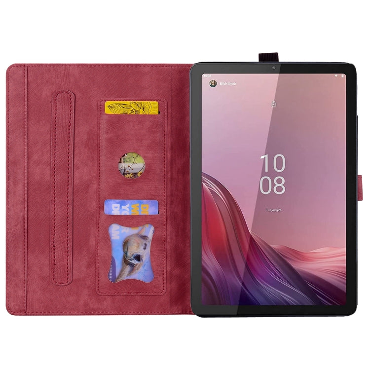 For Lenovo Tab M9 Cartoon Sakura Cat Embossed Leather Tablet Case(Red)