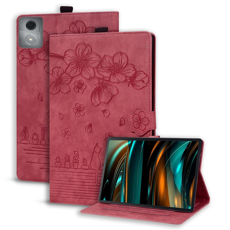 For Lenovo Tab K11 Plus / M11 Plus Cartoon Sakura Cat Embossed Leather Tablet Case(Red)
