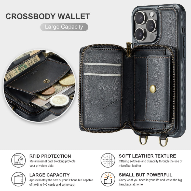 For iPhone 16 Pro Max JEEHOOD C22 Series Zipper Wallet Leather Phone Case with Dual Lanyard(Black)