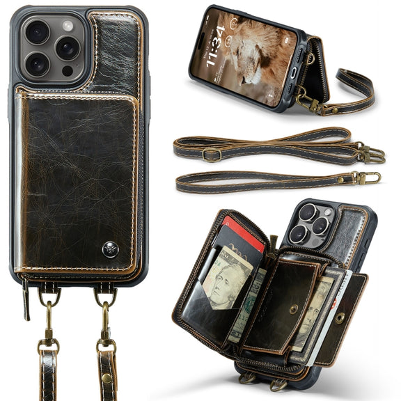 For iPhone 16 Pro Max JEEHOOD C22 Series Zipper Wallet Leather Phone Case with Dual Lanyard(Coffee)
