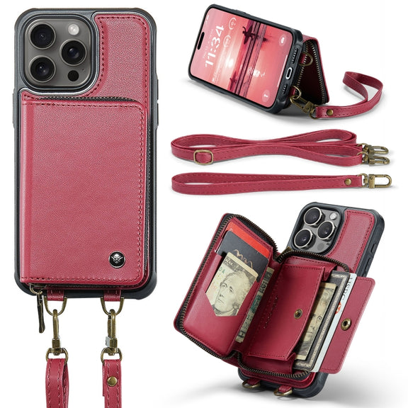 For iPhone 16 Pro JEEHOOD C22 Series Zipper Wallet Leather Phone Case with Dual Lanyard(Red)