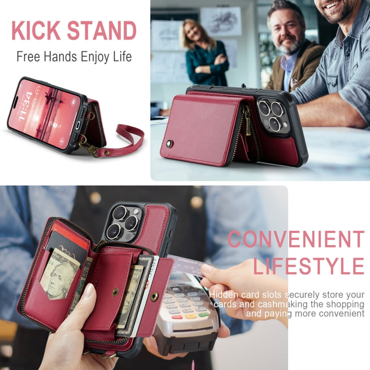For iPhone 16 Pro JEEHOOD C22 Series Zipper Wallet Leather Phone Case with Dual Lanyard(Red)