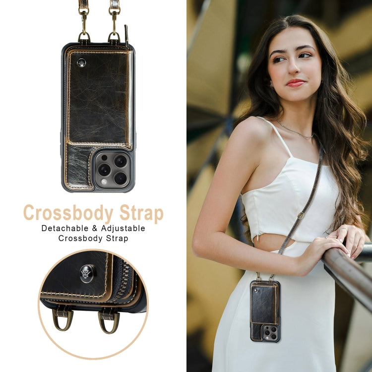 For iPhone 16 Pro JEEHOOD C22 Series Zipper Wallet Leather Phone Case with Dual Lanyard(Coffee)