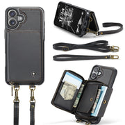 For iPhone 16 Plus JEEHOOD C22 Series Zipper Wallet Leather Phone Case with Dual Lanyard(Coffee)