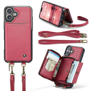 For iPhone 16 JEEHOOD C22 Series Zipper Wallet Leather Phone Case with Dual Lanyard(Red)