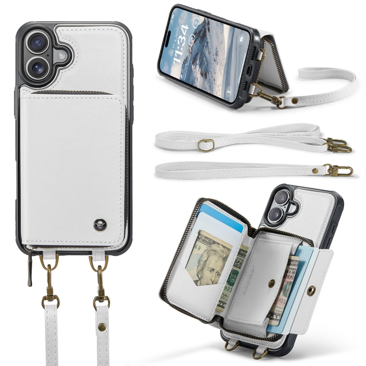 For iPhone 16 JEEHOOD C22 Series Zipper Wallet Leather Phone Case with Dual Lanyard(White)