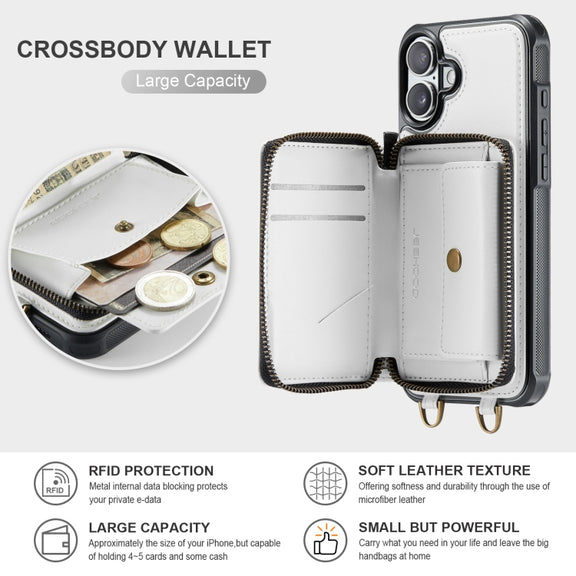 For iPhone 16 JEEHOOD C22 Series Zipper Wallet Leather Phone Case with Dual Lanyard(White)