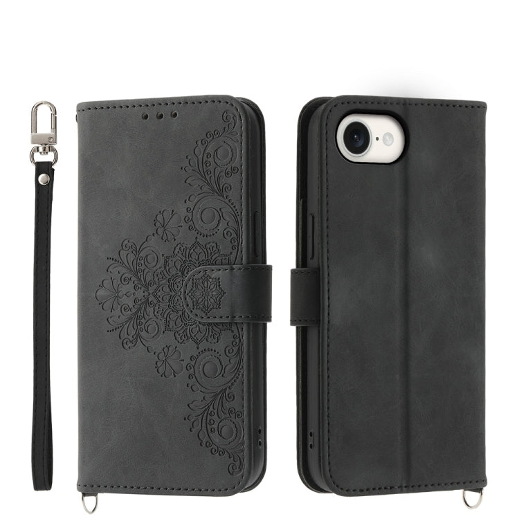 For iPhone 16e Skin-feel Flowers Embossed Wallet Leather Phone Case(Black)