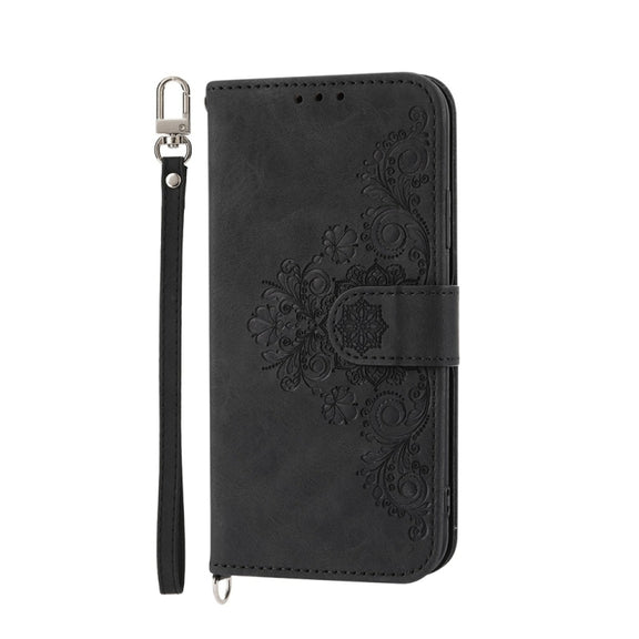 For iPhone 16e Skin-feel Flowers Embossed Wallet Leather Phone Case(Black)