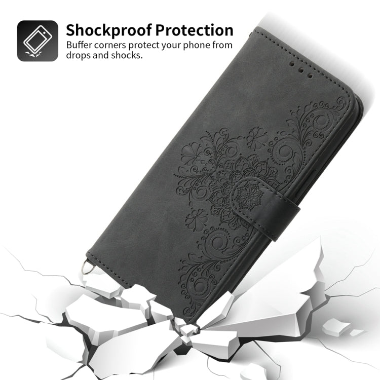 For iPhone 16e Skin-feel Flowers Embossed Wallet Leather Phone Case(Black)