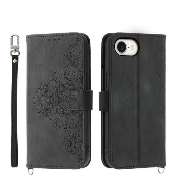 For iPhone 16e Skin-feel Flowers Embossed Wallet Leather Phone Case(Black)