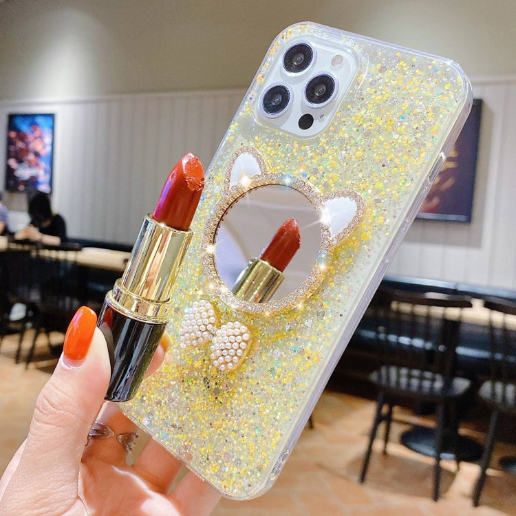For iPhone 13 Pro Max Starry Sequin Diamond Cat Ears Mirror Epoxy TPU Phone Case(Yellow)