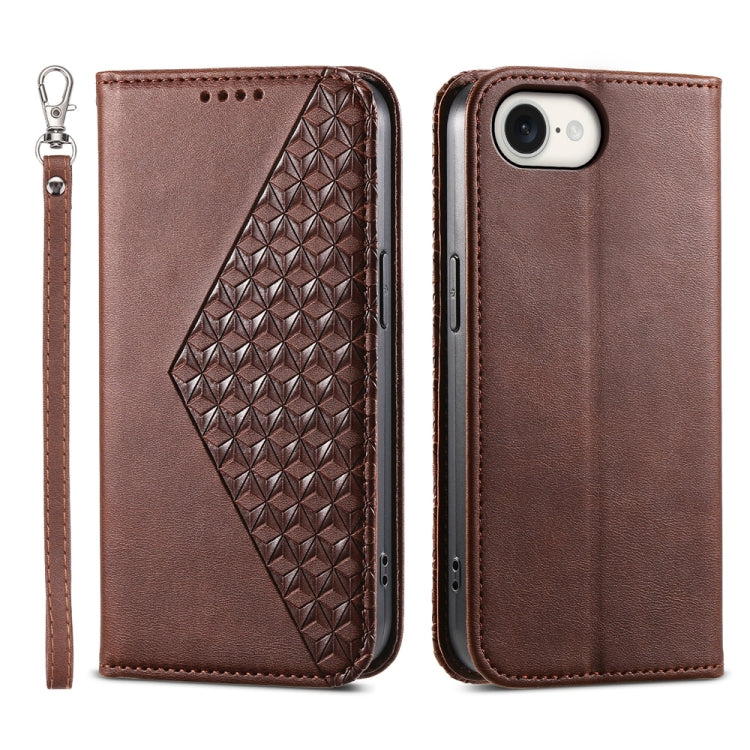 For iPhone 16e Cubic Grid Calf Texture Magnetic Leather Phone Case(Brown)