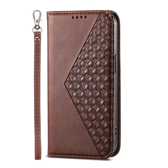 For iPhone 16e Cubic Grid Calf Texture Magnetic Leather Phone Case(Brown)