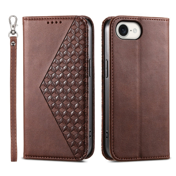 For iPhone 16e Cubic Grid Calf Texture Magnetic Leather Phone Case(Brown)