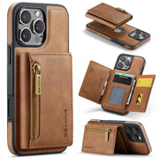 For iPhone 16 Pro Max DG.MING M5 Series Zip RFID Multi Card Detachable Leather Phone Case(Brown)